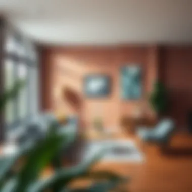 Stylish Living Room with Red Brick Feature Stylish living room featuring red brick backsplash