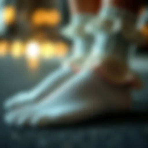 A close-up view of ruffle hem socks showcasing intricate designs and textures