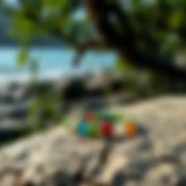 A serene environment with chakra bracelets displayed on a natural surface