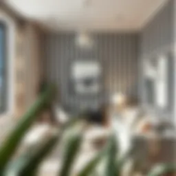 Stylish living room featuring striped contact paper accent wall