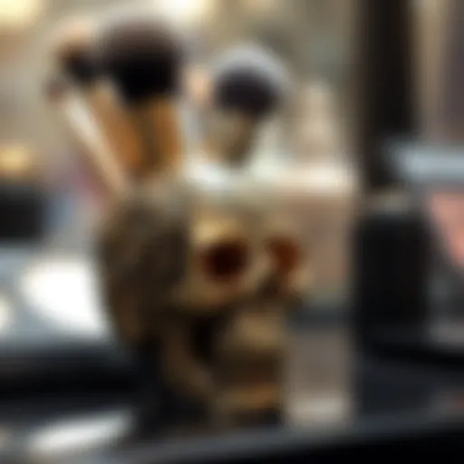 Elegant skull makeup brush holder showcasing intricate design details