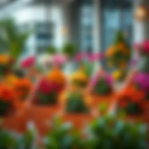 Elegant arrangement of triangle flower pots with vibrant flowers