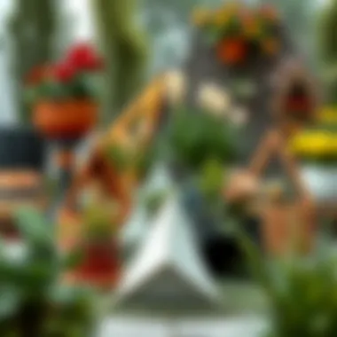 Various design variations of triangle flower pots in a garden setting