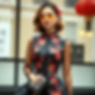 Stylish ensemble featuring a Chinese collar dress paired with contemporary accessories