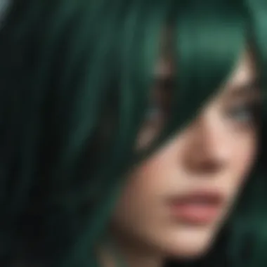 A close-up of dark green wig fibers highlighting texture and color depth