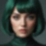 A stunning model showcasing a dark green wig in a fashion-forward outfit