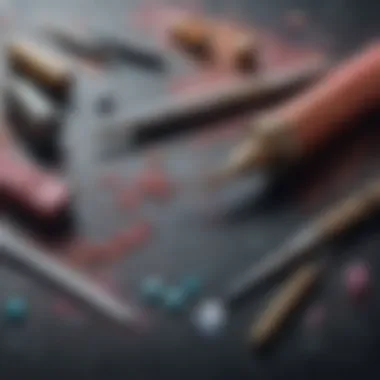 A flat lay of tools and materials used in glitter application techniques for creative projects.