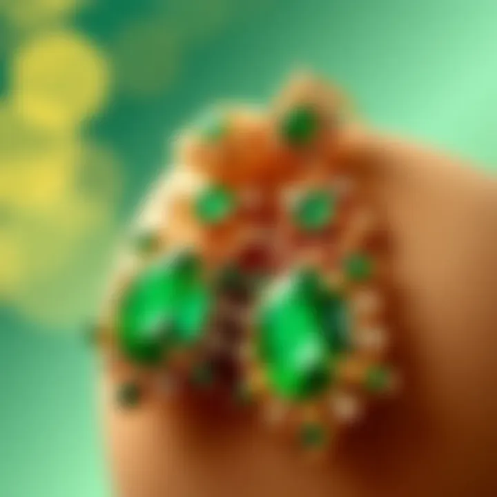 Artistic arrangement of green and gold earrings with gemstones