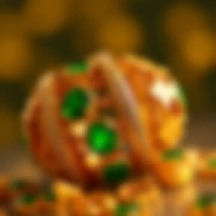 Close-up of a luxurious green and gold bracelet with detailed craftsmanship