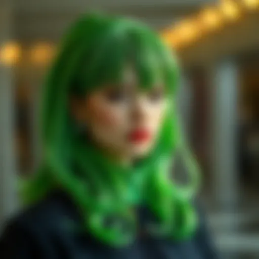 Vibrant green highlight wig styled elegantly