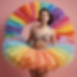 A vibrant display of rainbow tutus arranged artfully on a pastel background