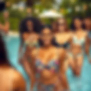 Diverse individuals enjoying a summer pool party wearing bandeau swimsuits