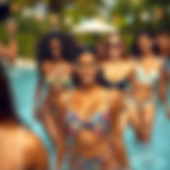 Diverse individuals enjoying a summer pool party wearing bandeau swimsuits