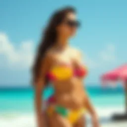 Elegant bandeau swimsuit in vibrant color on a beach