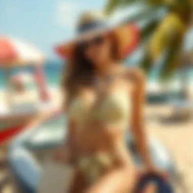 Fashionable bandeau swimsuit styled with beach accessories