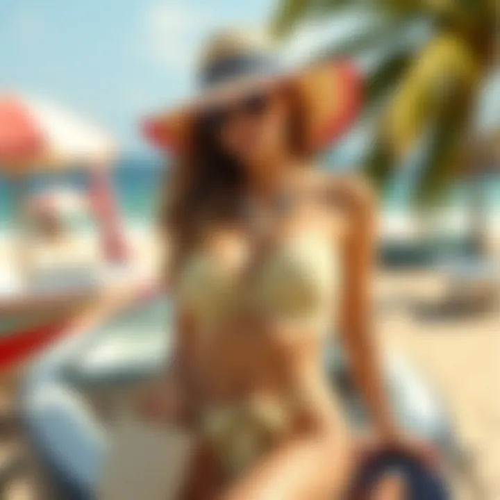 Fashionable bandeau swimsuit styled with beach accessories