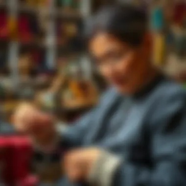 Artisan at work, demonstrating the delicate stitching technique used in crafting angel stitch keychains.