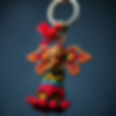 Close-up view of an intricately designed angel stitch keychain showcasing vibrant colors and patterns.