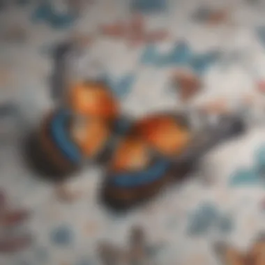 Close-up of intricate butterfly patterns on wrapping paper