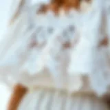 A close-up of intricate lace detailing on a white dress