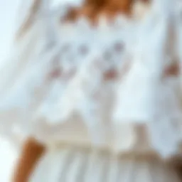 A close-up of intricate lace detailing on a white dress