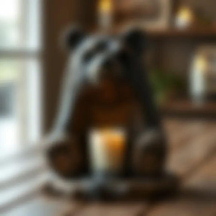 Rustic bear-themed candle holder on a wooden table