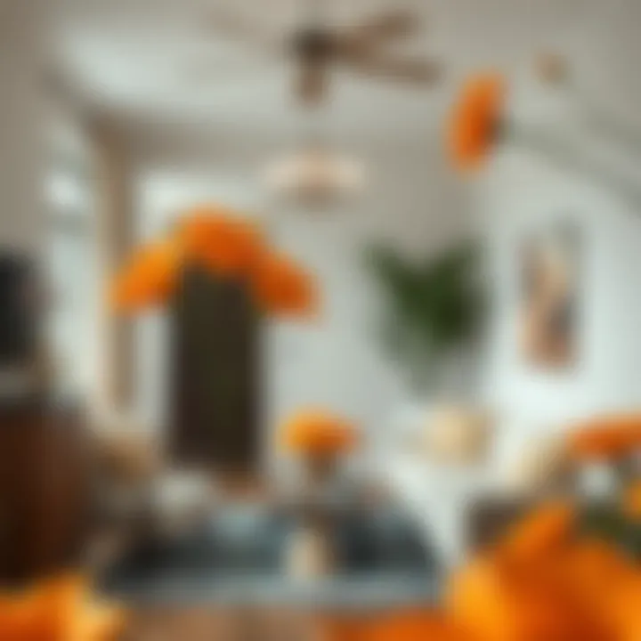 A beautifully decorated interior featuring orange faux flowers