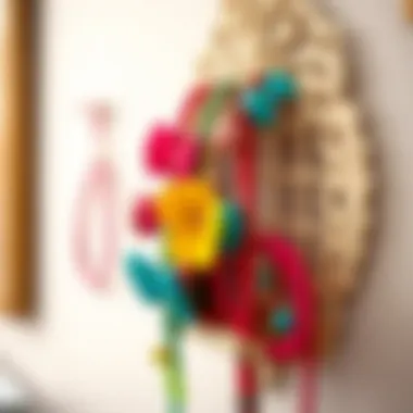 Close-up of vibrant hair accessories organized in a decorative wall holder