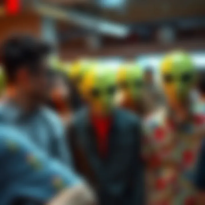 Collective Fashion Expression Group of individuals wearing alien-themed attire in a social setting