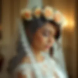 Intricate lace veil elegantly draped over a floral tiara
