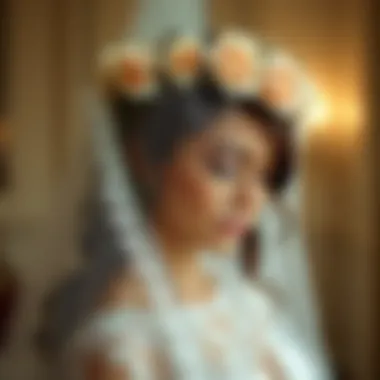 Intricate lace veil elegantly draped over a floral tiara