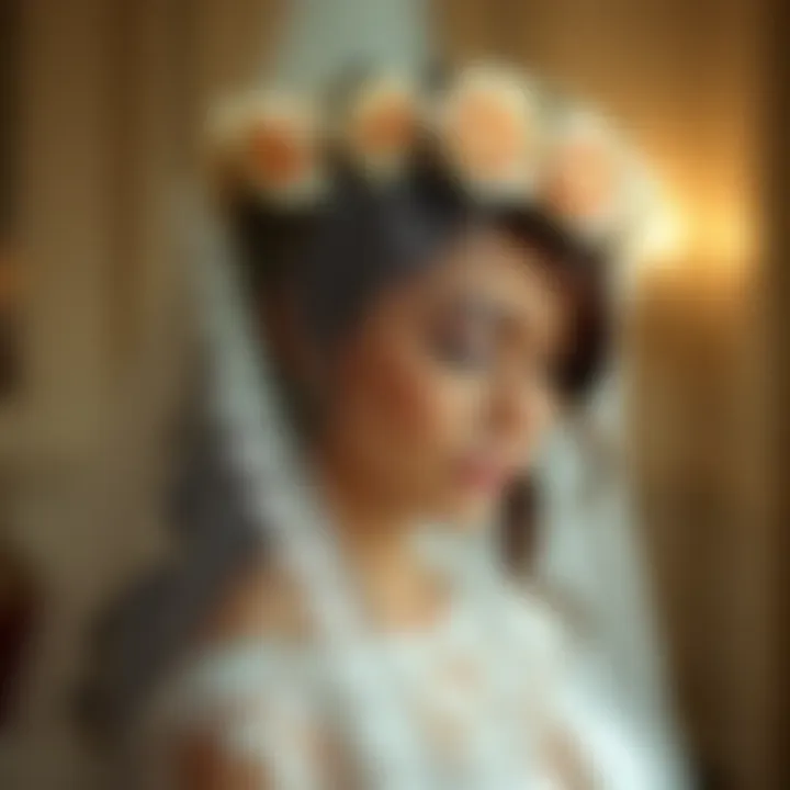 Intricate lace veil elegantly draped over a floral tiara