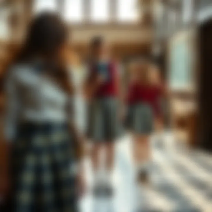 Historical Significance in Education A historical depiction of students wearing plaid schoolgirl skirts in an educational environment