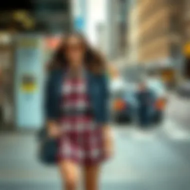 Modern Styling with Plaid A stylish outfit featuring a plaid schoolgirl skirt paired with modern accessories in an urban setting