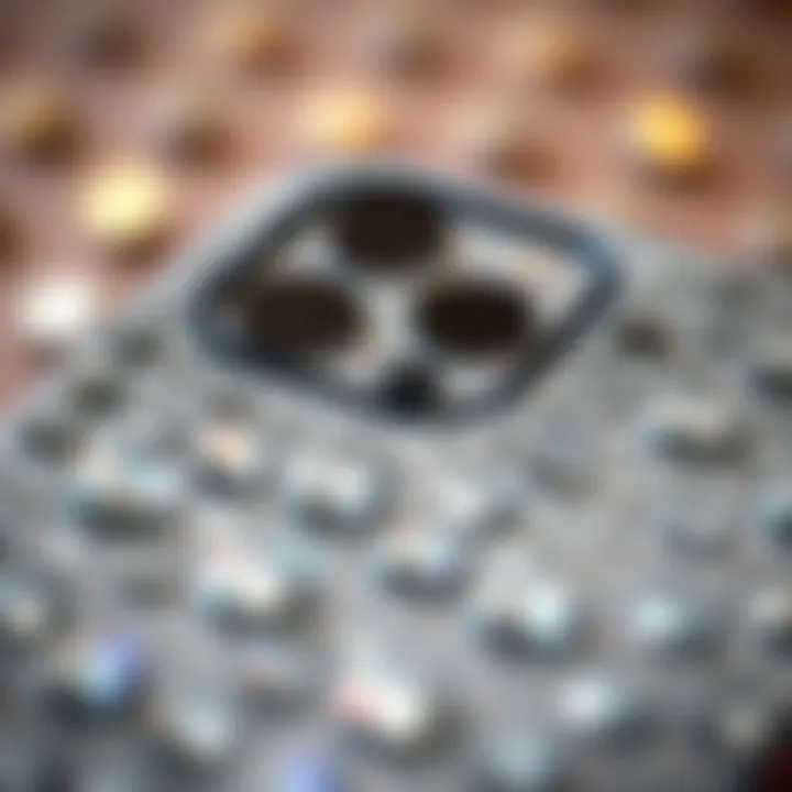 Close-up of rhinestones embedded in a protective iPhone 13 case