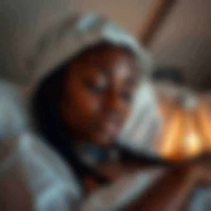 A person wearing a hair bonnet while sleeping, emphasizing protection for braids.