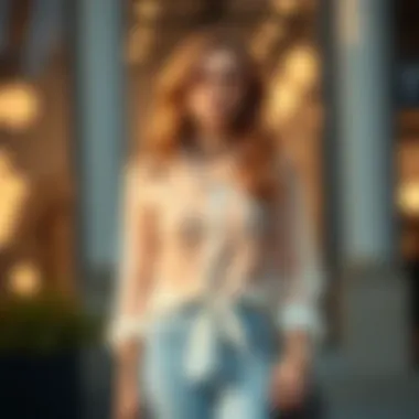 Trendy outfit featuring a sheer tie front blouse styled with accessories