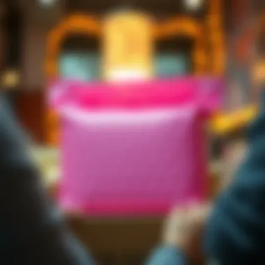 Unboxing experience showcasing a pink bubble shipping bag