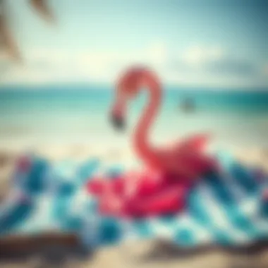 Colorful flamingo bathing suit displayed on a beach towel
