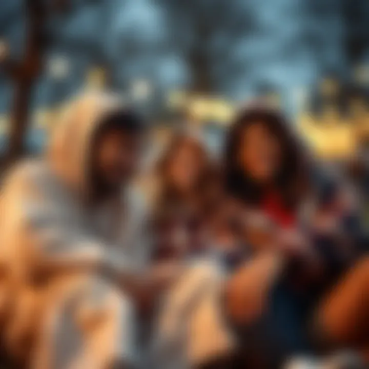 Group of friends enjoying leisure time in blanket hoodies