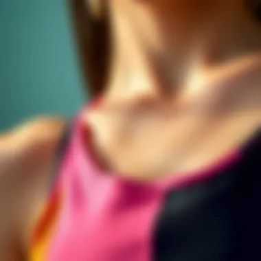 Close-up of stitching details on a color block tank top