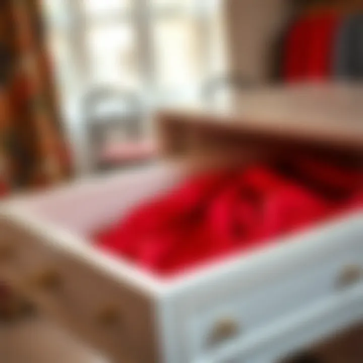 Installation of red drawer liners in an elegant drawer