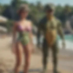 Couple showcasing matching dinosaur swimsuits at the beach