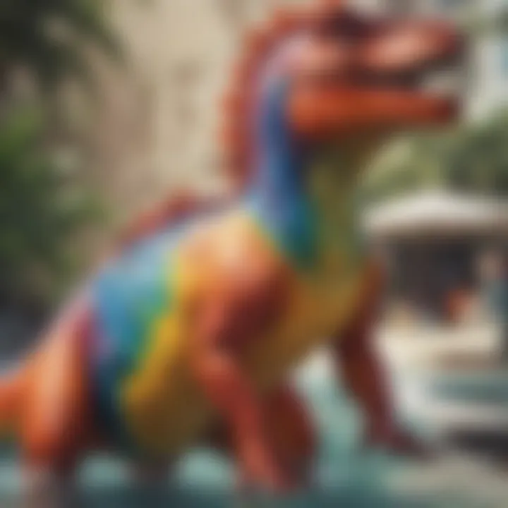 Close-up of colorful dinosaur swimwear designs