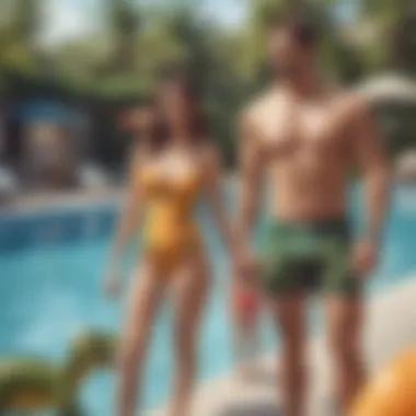 Couple enjoying a fun day at the pool in matching dinosaur swimsuits