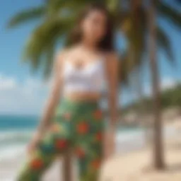 Vibrant tropical print pants showcased on a scenic beach