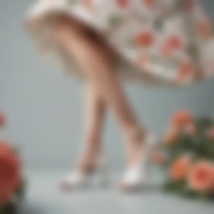 Close-up of white heels paired with a floral summer dress