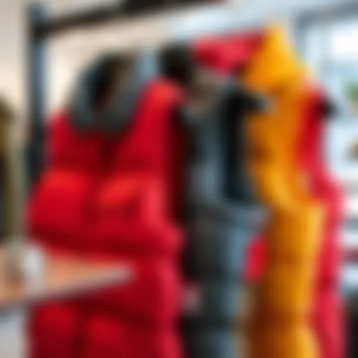 Colorful winter vests displayed on hangers showcasing versatility