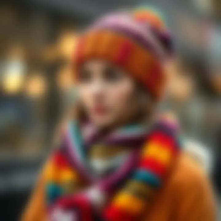 Vibrant knitted hat and scarf combination with intricate patterns