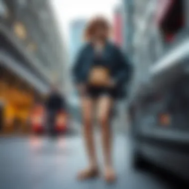 Contemporary Y2K Fashion in Urban Life A fashionable individual wearing Y2K sandals in a modern urban setting, blending past and present.